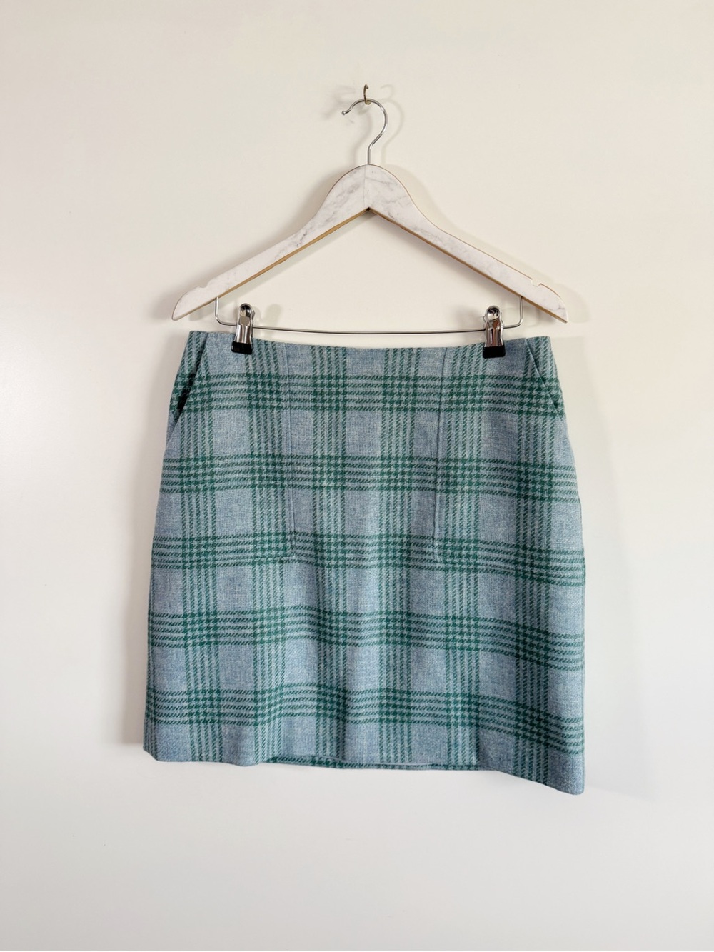 BODEN Heritage British Tweed Wool Plaid Skirt Blue Green Size 8